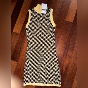 70s style Zara dress brown and yellow geometric, new